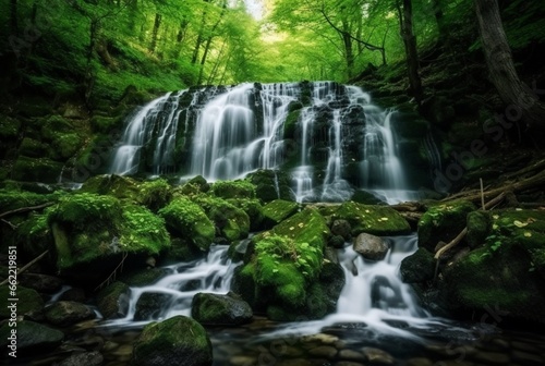 beautiful waterfall in the green forest. generative ai