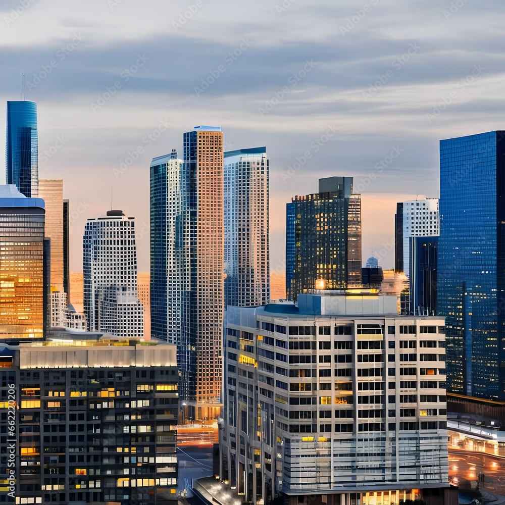 A contemporary city skyline with sleek, glass skyscrapers5, Generative AI