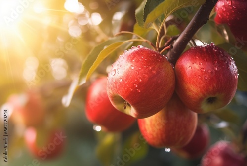 closeup of fresh red apples on a tree with bokeh and sunlight in the background. generative ai