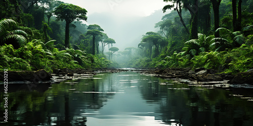 Tropical rainforest around river covered with mist. Generative AI