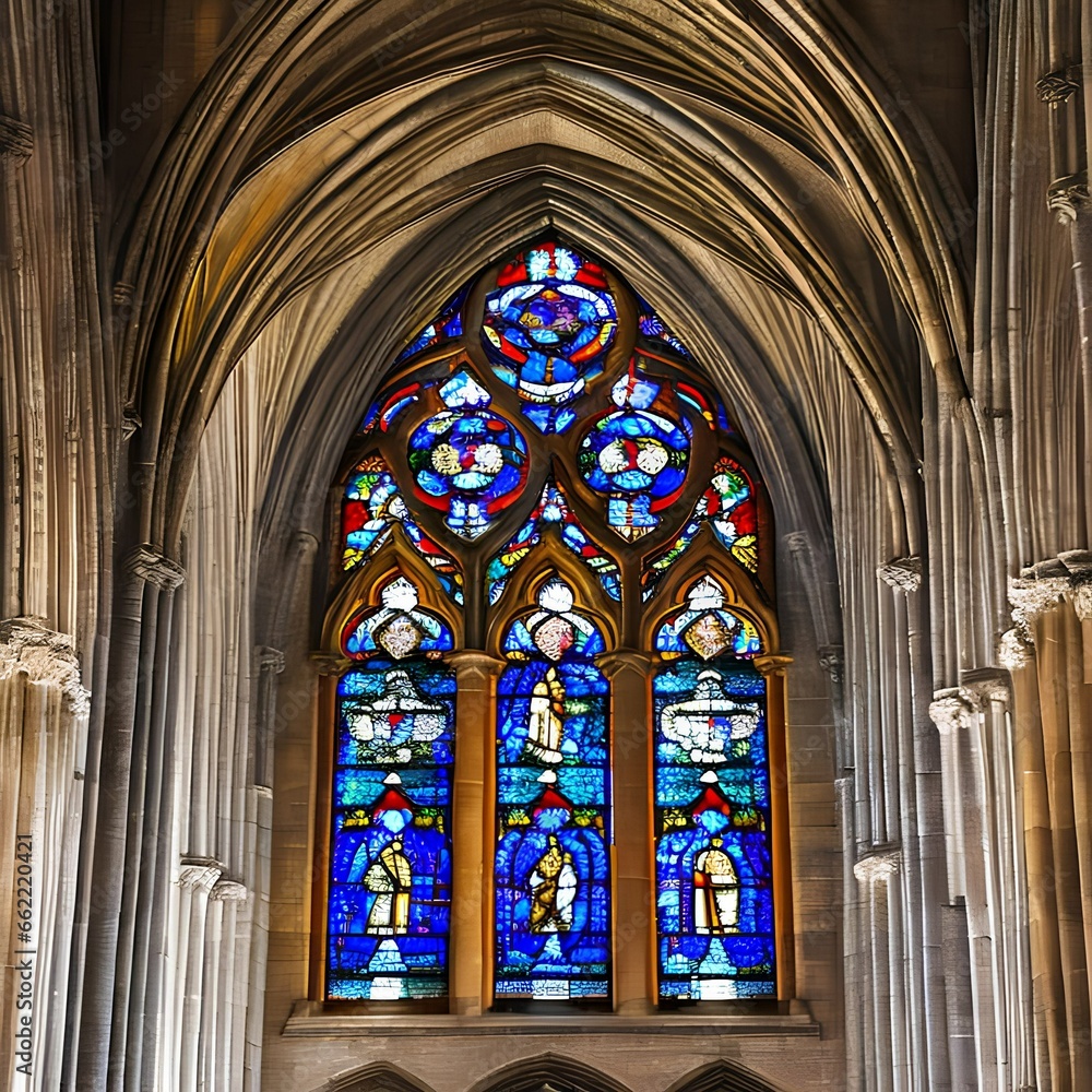 An ornate, stained glass window in a medieval cathedral2, Generative AI