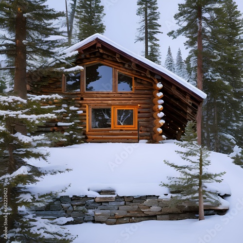 A rustic, wooden cabin nestled in a snowy mountain landscape2, Generative AI photo