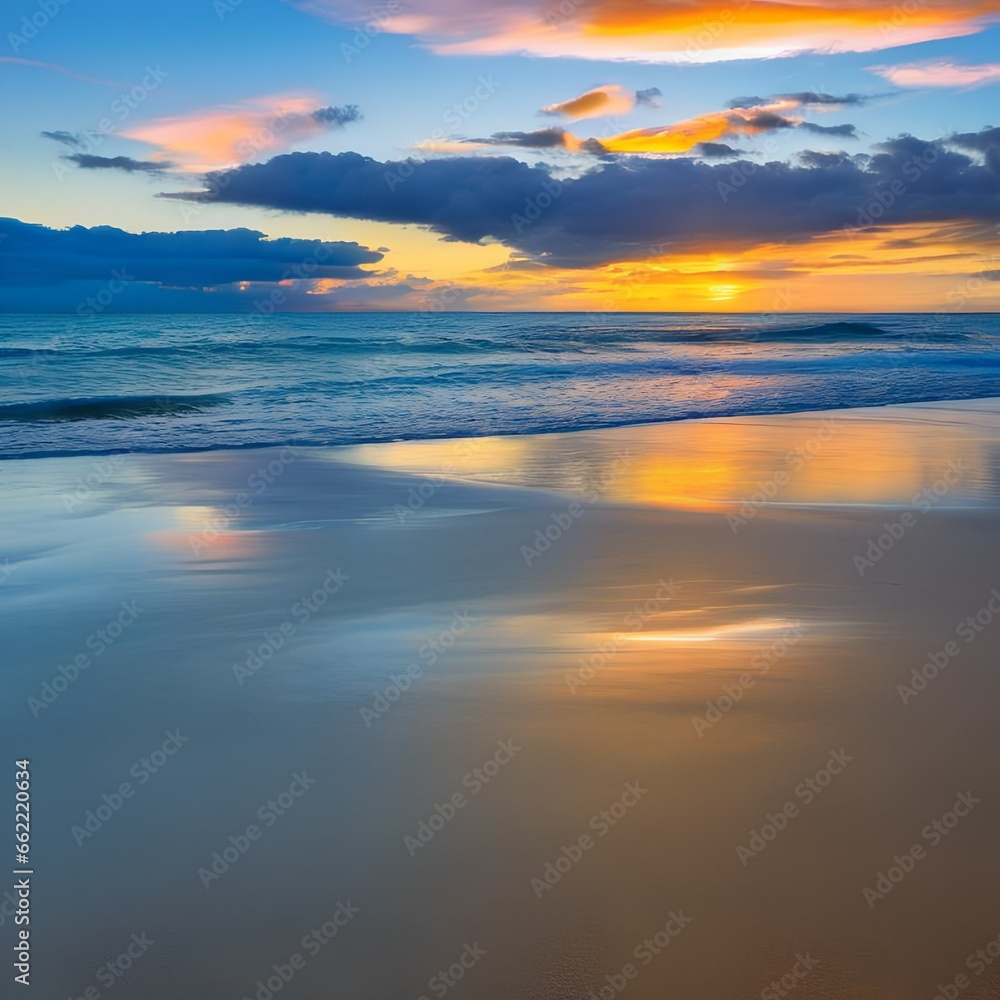 A tranquil beach at sunset with vibrant colors reflecting on the water5, Generative AI