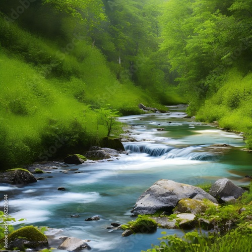 A tranquil river meandering through a lush, green valley1, Generative AI photo