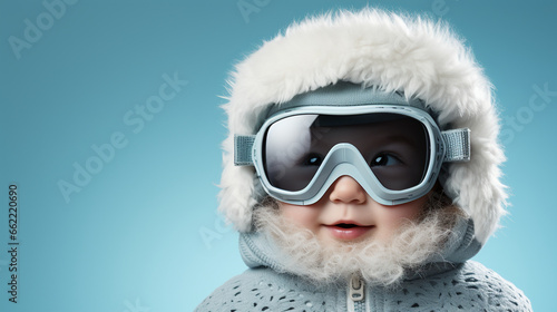 Young boy kid wearing winter clothes for skiing or snowboarding, wearing a grey warm hat, goggles and a jacket isolated on a blue background, copy space, winter holidays concept