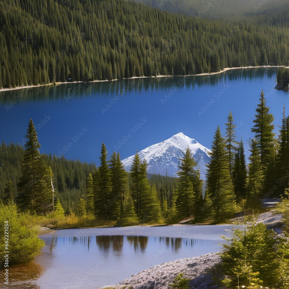 A serene lake reflecting a snow-capped mountain range2, Generative AI