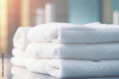 Close up of white unpatterned towel in background of luxury hotel. Service concept of cleanliness and environment.