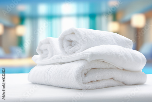 Close up of white unpatterned towel in background of luxury hotel. Service concept of cleanliness and environment.