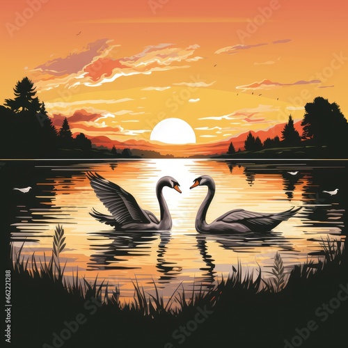 Graceful swans glide across the tranquil lake