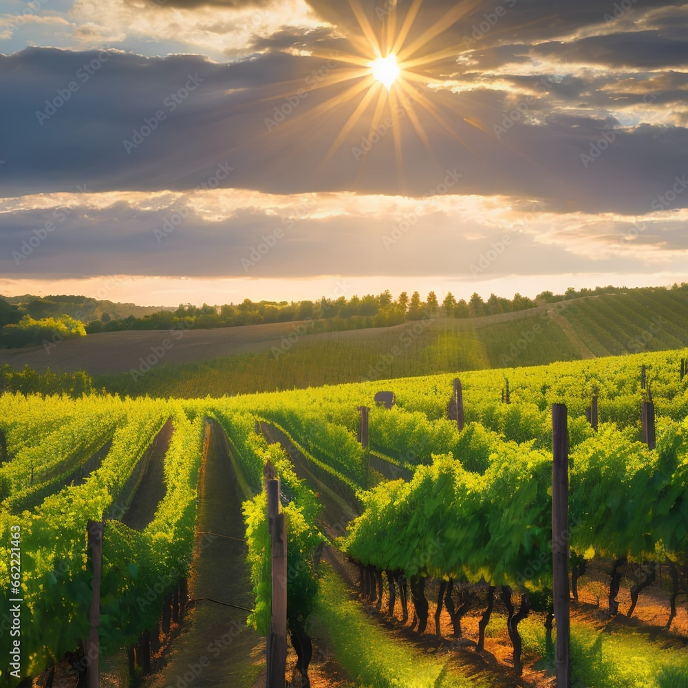 A peaceful, sun-drenched vineyard with rows of grapevines1, Generative AI
