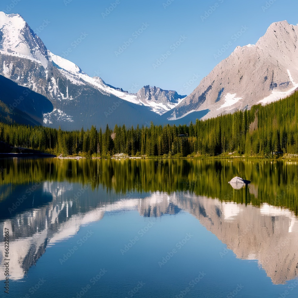 A serene lake surrounded by snow-capped mountains and a clear blue sky4, Generative AI