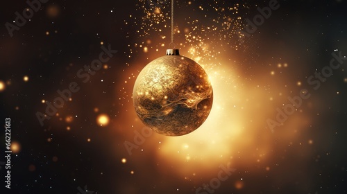 Luxury golden Christmas ball on glowing bokeh background. Generative AI