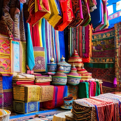 A vibrant and bustling Moroccan bazaar with colorful textiles and spices3, Generative AI