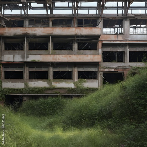 An abandoned, overgrown industrial factory with a haunting, eerie atmosphere3, Generative AI
