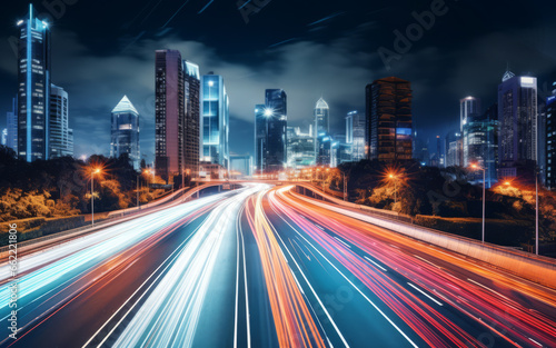 Imagen una carretera principal de la ciudad con luces de coches con efecto de larga exposici  n durante la noche con edificios al fondo.