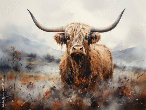 Scottish Highlander in fine art wall print beautiful setting generatieve ai
