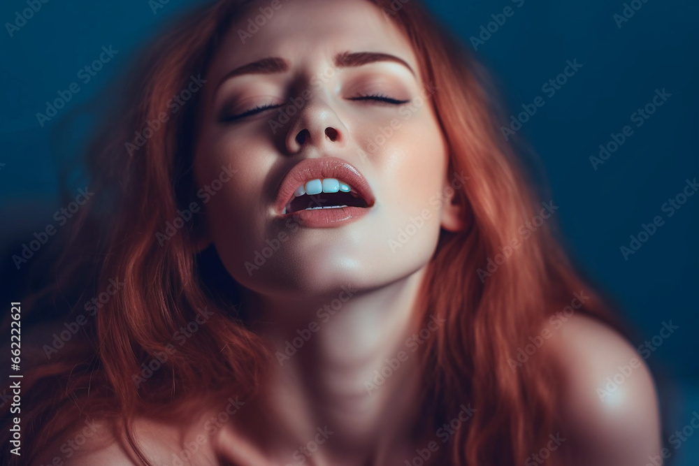 Sex, orgasm concept. Close-up: sexy young red-haired woman with open mouth experiences sensual pleasure. Generative Ai.