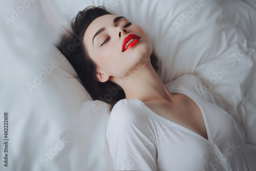 Sensual Woman Enjoying Pleasure in Bedroom. Orgasm concept. Generative Ai. photo
