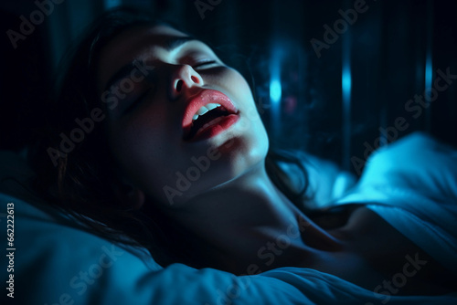 Sensual Female Pleasure, Close-up Face Expression of Woman Experiencing Orgasm on Bed, Horizontal Erotic Passion and Desire depiction. Generative Ai.