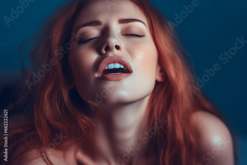 Sex, orgasm concept. Close-up: sexy young red-haired woman with open mouth experiences sensual pleasure. Generative Ai.