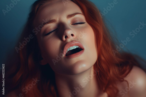 A beautiful sensual red-haired woman enjoying sexual pleasure, eroticism and orgasm. Generative Ai.