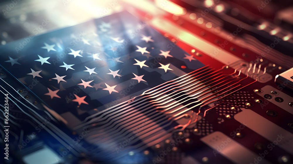 Close-up of a high-end CPU and motherboard with the American flag proudly displayed, symbolizing the best of American technology and innovation.