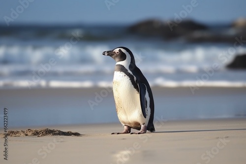 A majestic penguin standing on the sandy shore. Generative AI