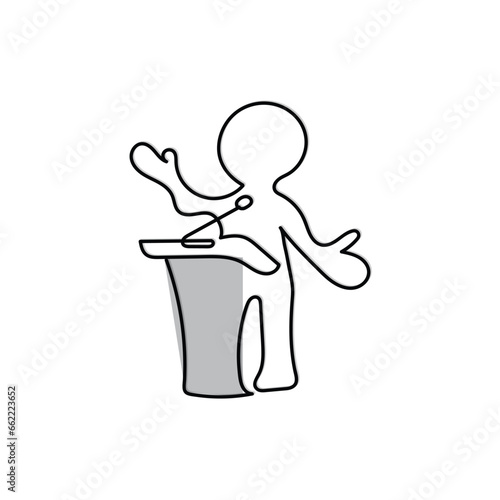 Line art character with transparent background. Minimal vector art. One line icon of a man on podium giving a speech.