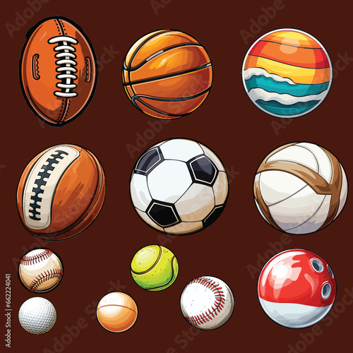 Set Of  illustration of a classic sports ball. this illustration captures the essence of sports and competition. football  baseball  basketball  beach ball  bowling ball  softball