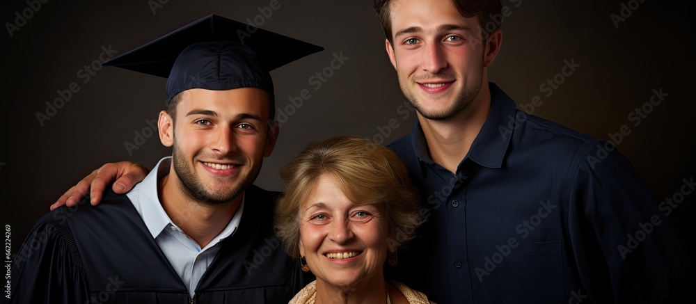 Male student celebrating graduation with parents With copyspace for text