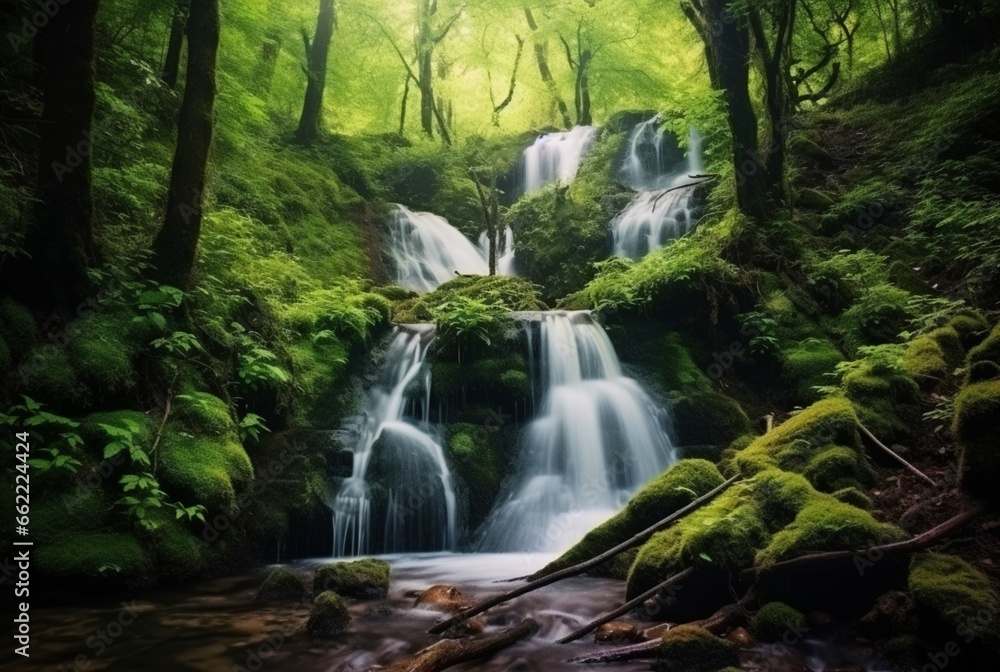 beautiful waterfall in the green forest. generative ai