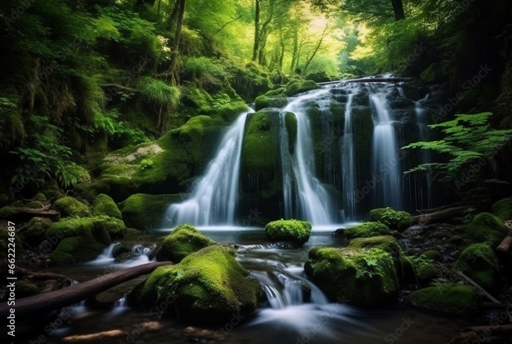 Fototapeta premium beautiful waterfall in the green forest. generative ai
