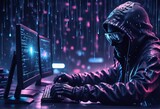 hacker  using a laptop, laptop to protect from data in the space. concept of internet security, cyber attack. hacker in hoodie with laptop hacker  using a laptop, laptop to protect from data