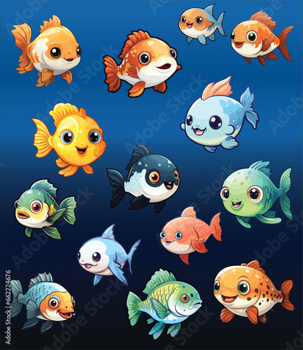 Collection of chubby fish vector illustration plump fish with a big smile and expressive eyes. Perfect for children's books, posters, and any project where you want to infuse a touch of aquatic charm.