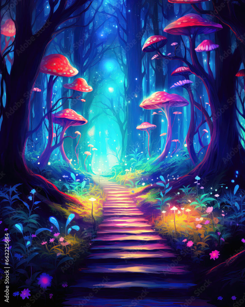 Fototapeta premium Magic forest with path and mushrooms. Fairytale landscape. Vector illustration
