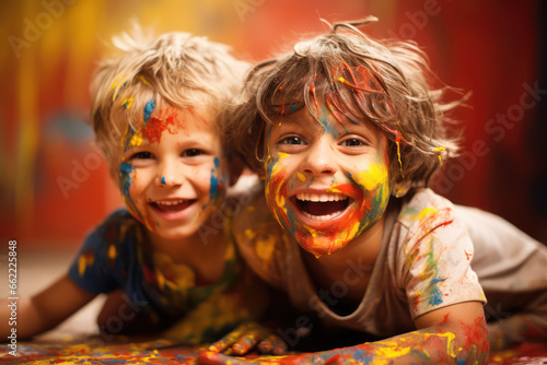 two small kids playing with paint