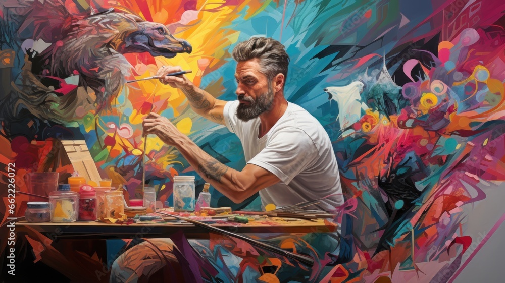 Obraz premium Colorful painting of a painter during his creative work, surreal