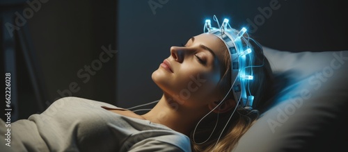Medical professionals perform an EEG on a teenage girl to assess neurological and mental disorders With copyspace for text photo