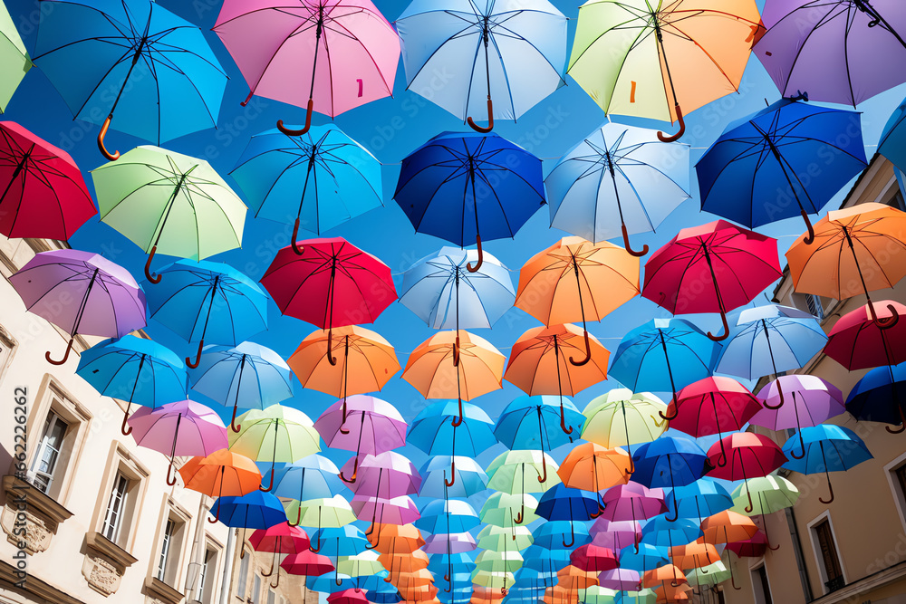 A vibrant display of hanging umbrellas in a whimsical setting