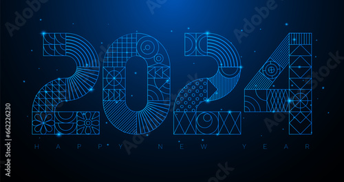 Blue neon light 2024 modern geometric New Year card. Grid based design.