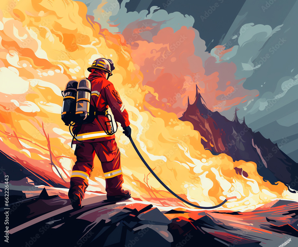 A firefighter bravely battling a raging fire - obrazy, fototapety, plakaty 