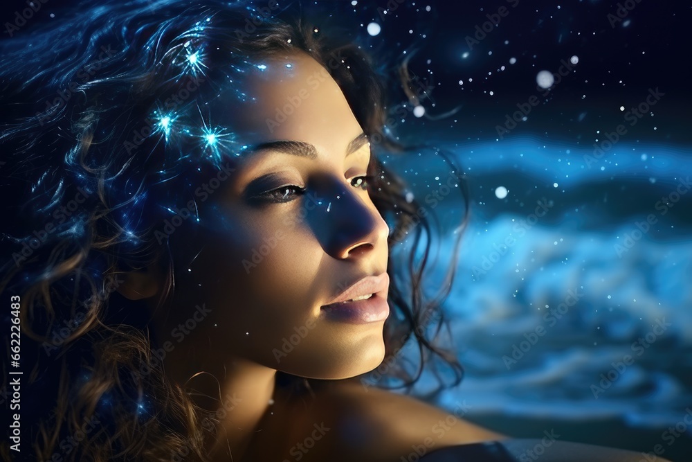 The girl is resting near the sea at night The girl is resting near the sea at night