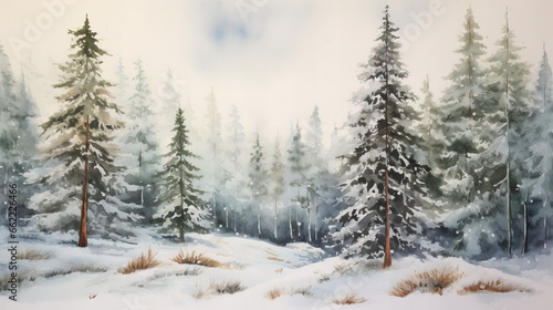 foggy winter pine tree forest in the morning in winter 