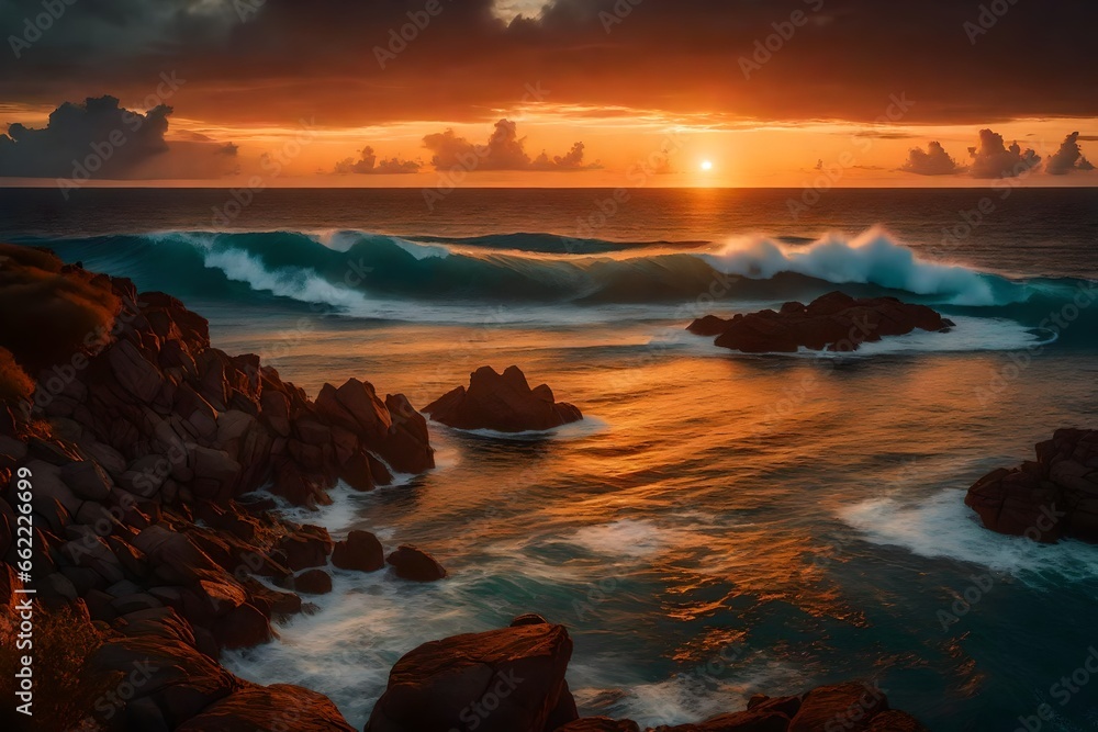 Generate a scene of a dramatic sunset casting warm hues over a remote island and the expansive ocean