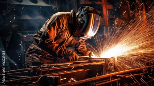 A welder at work in a metal factory. Sparks are flying around. Industrial concept.