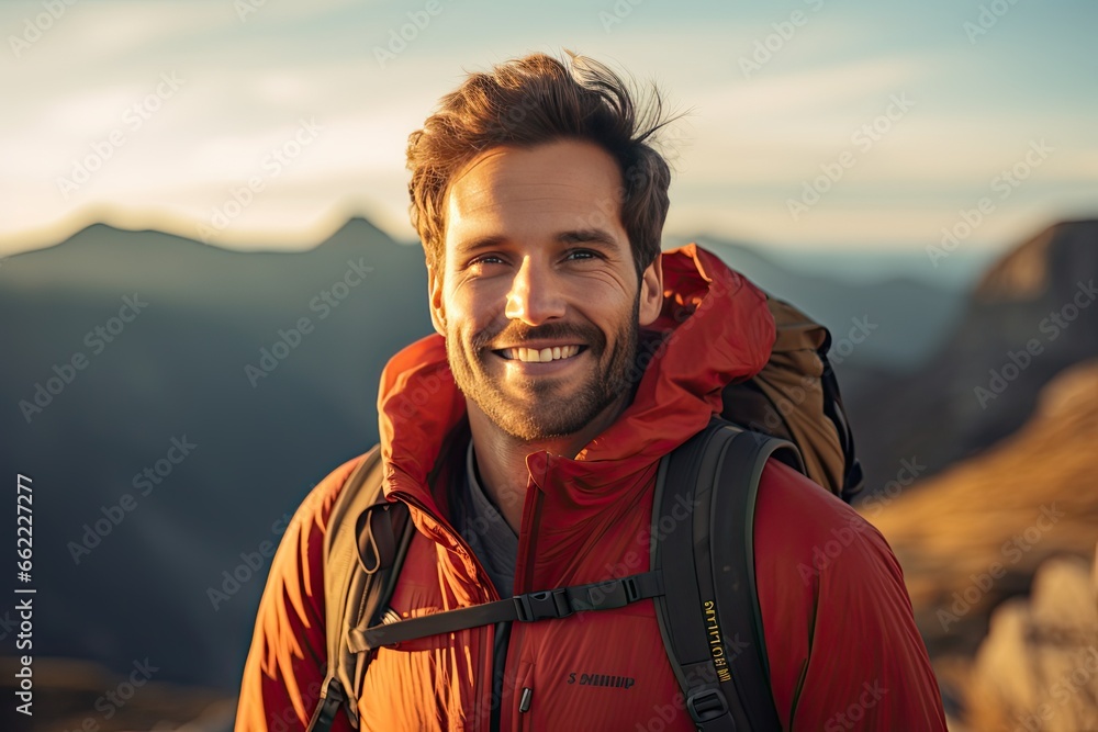 Handsome hiker laughing into the camera. 