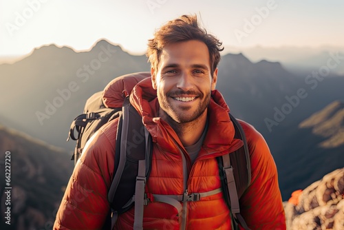 Handsome hiker laughing into the camera. 