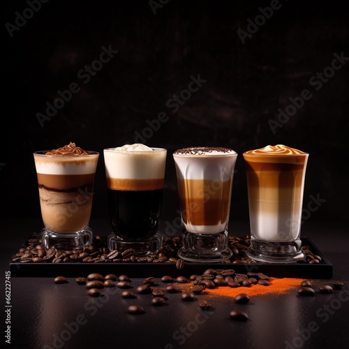 four glasses with different coffees