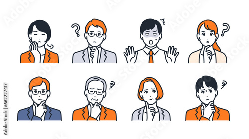悩む会社員のシンプルなベクター表情アイコンイラストセット素材