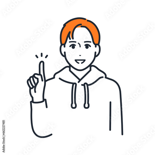 指差しで説明をするパーカーを着た若い男性のシンプルなベクターイラスト素材